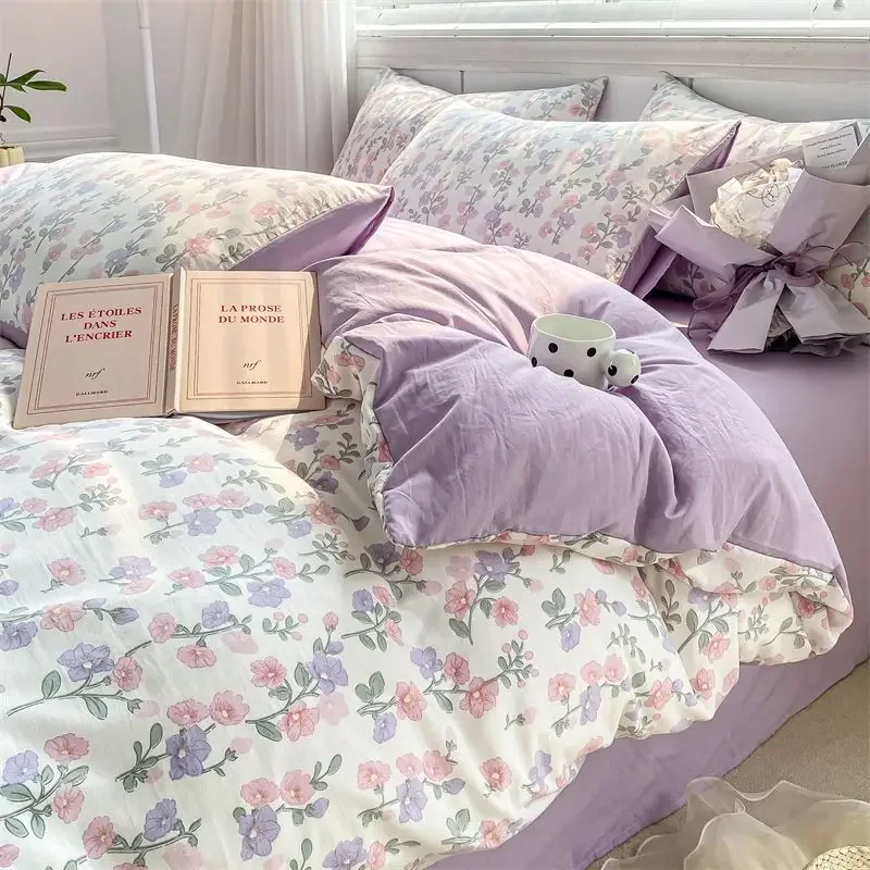 Spring Floral Duvet Cover Set Washed Cotton Flat Sheet Pillowcase  Filler Single Double Size Girls Purple Bedding Linens