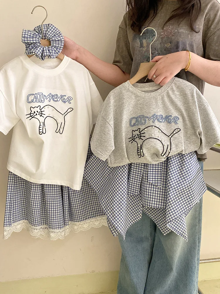 

Girls' Summer Letter Cartoon Cat Short Sleeve2025New Versatile Plaid Pants Irregular Skirt Set