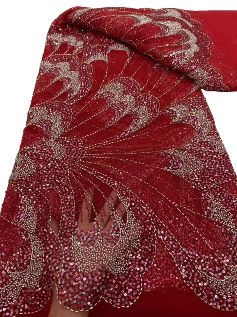 

Elegant African Nigerian Fashion Three Types Beaded Lace High-end Luxury French Sequin Mesh Lace Fabric Women's Evening Dress 5Y