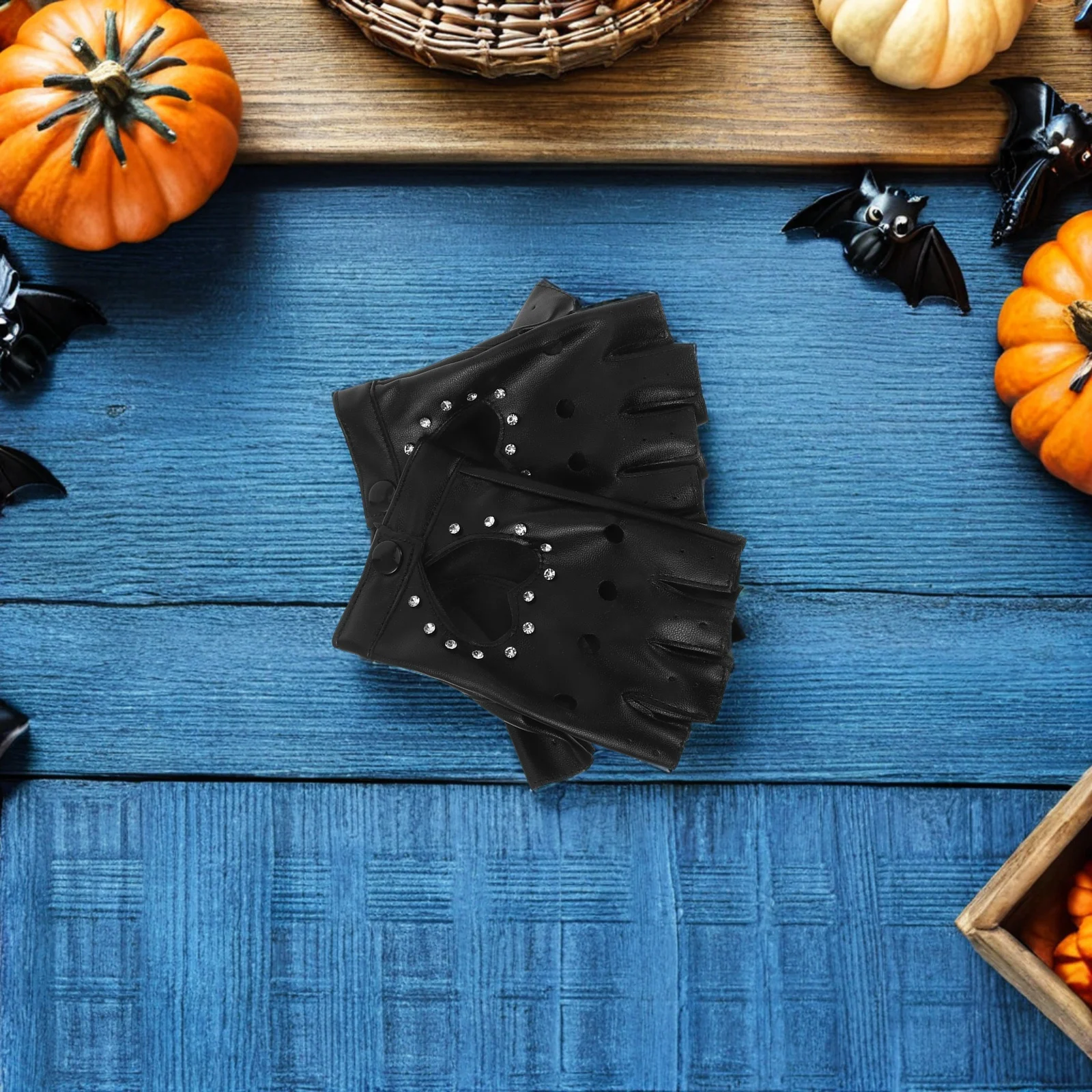 2Pairs Kids Fingerless Gloves Heart Cutout PU Sparkly Costume Dance Halloween Party Punk Rhinestone Fingerless Gloves