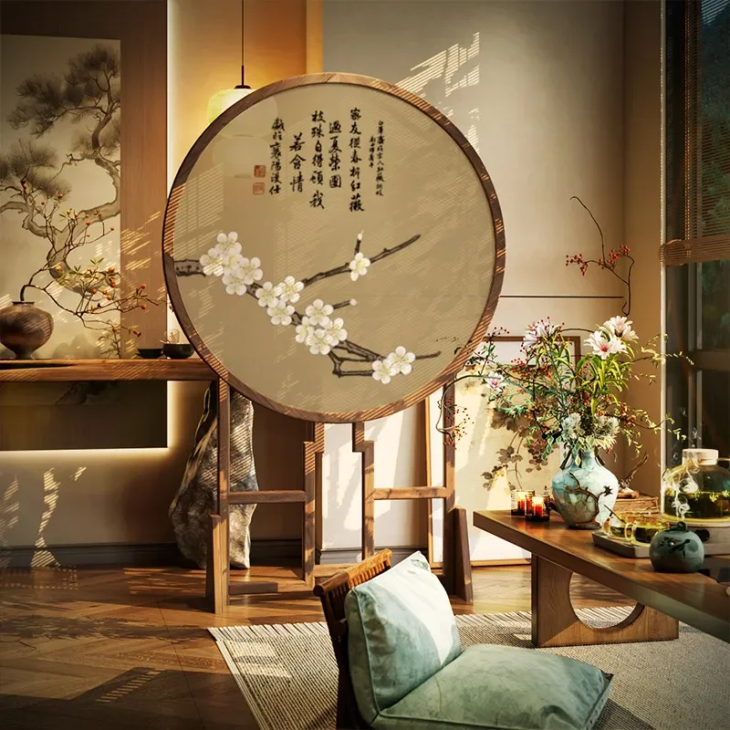 Ash wood decorative home living room entrance embroidery seat screen