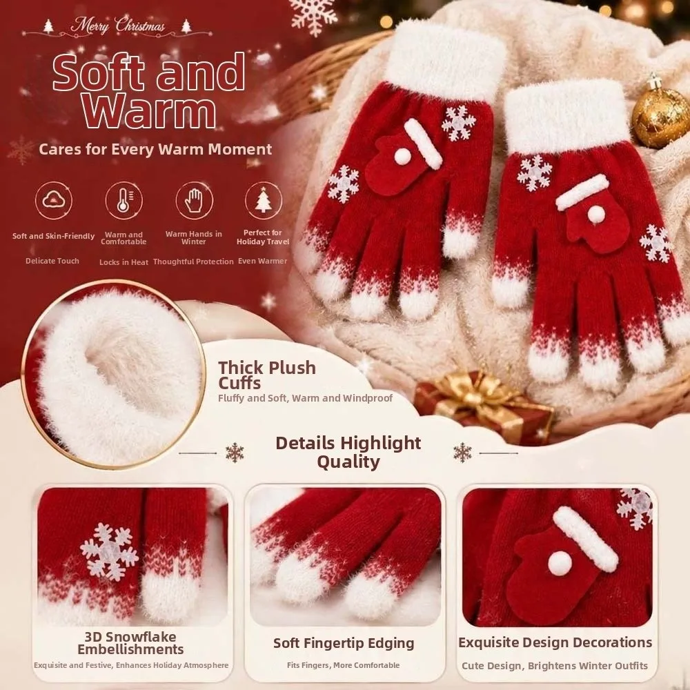 Red Green Christmas Gloves Plush Cuff Knitted Woolen Winter Knit Mittens High Quality Soft Texture Full Finger Gloves