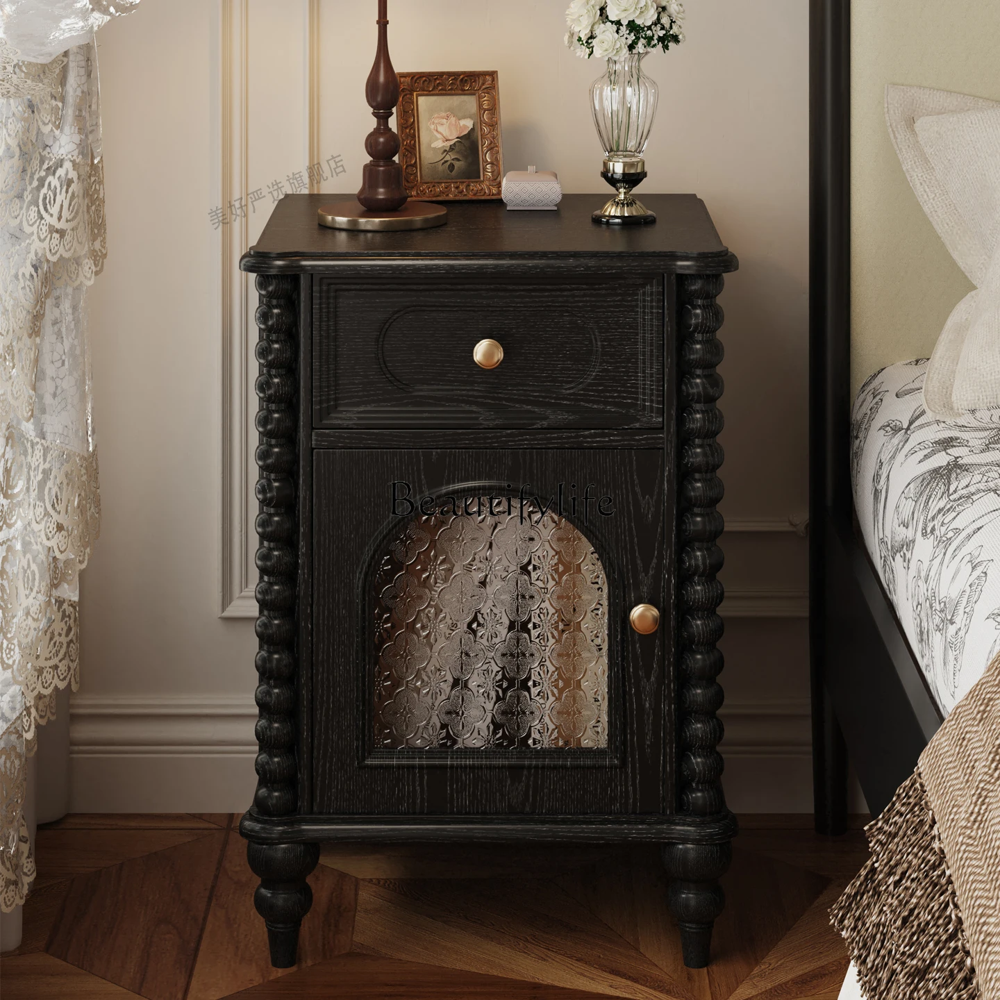 

Medieval solid wood bedside table French home small bedroom black retro bedside storage cabinet