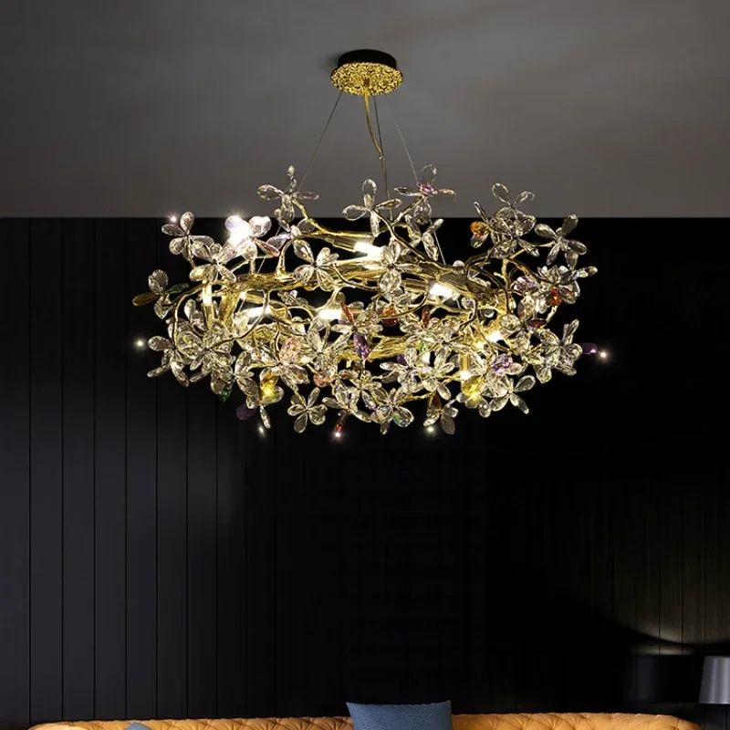 Modern Nordic Art Crystal Flower Chandelier Bionic Luxury Ring Villa Pandent Light Atmosphere High-end  Living Dining Room Lamp