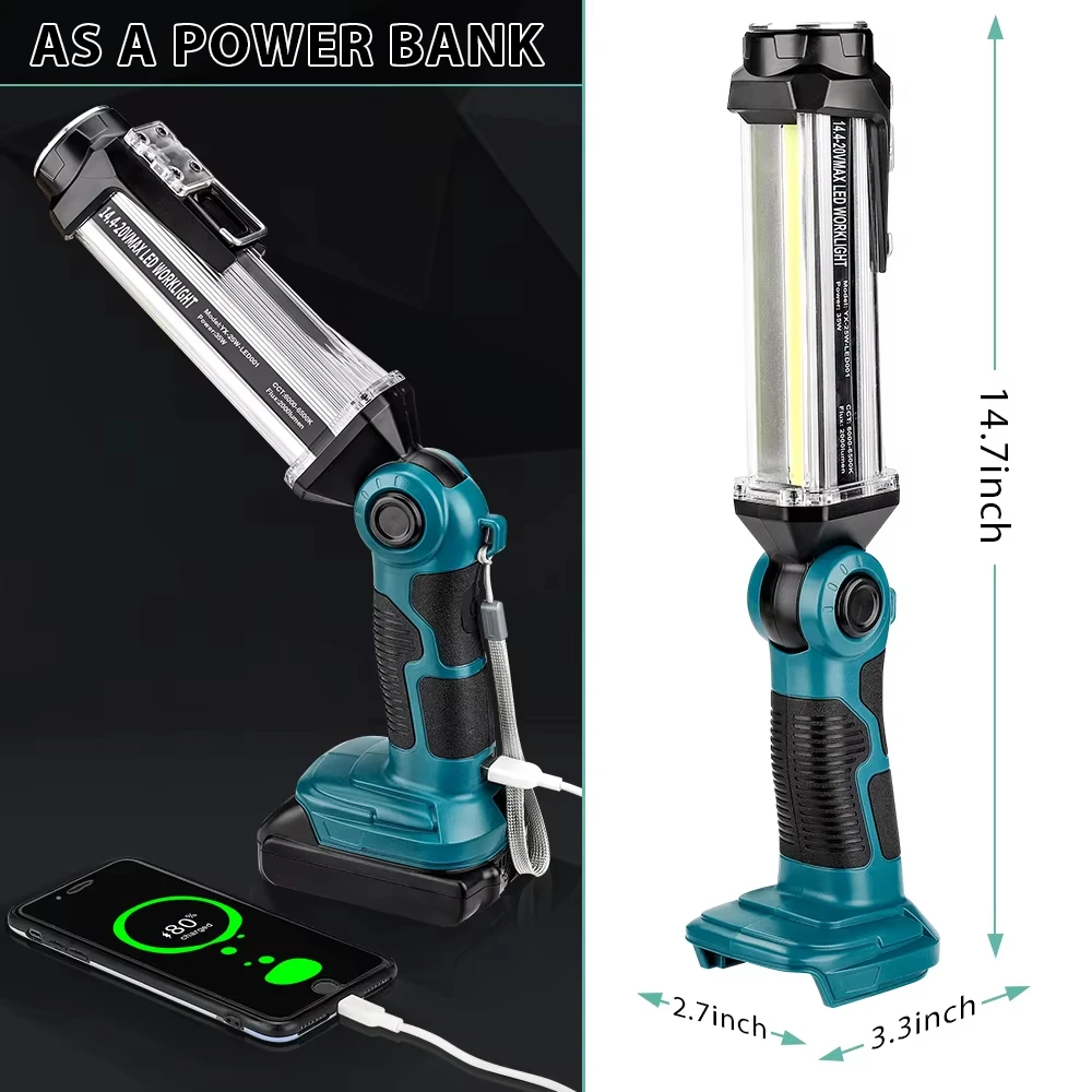2000LM LED Work Light for Makita 20V Lithium-ion Battery Portable Light Horizontal Down Light Outdoor Handheld Flashlight 35W view 5