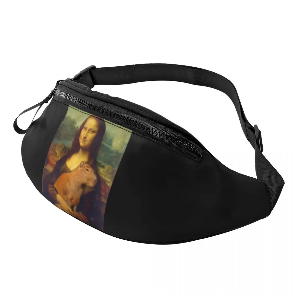 

Custom Mona Lisa Carries Capybara Fanny Pack for Women Men Cool Crossbody Waist Bag Travel Hiking Phone Money Pouch