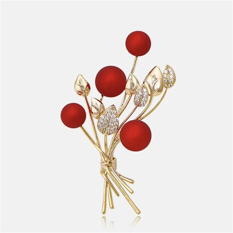 Fashion Christmas Red Flower Leaf Brooch Pins for Women Elegant Rhinestone Crystal Pearl Coat Dress Hat Suits Jewelry Decoration