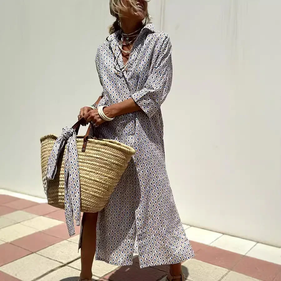 Long Sleeve Shirt Dress For Women Elegant Belt Long Dresses 2025 Fashion Print Button Lapel Neck Casual Vestidos Robe Femme