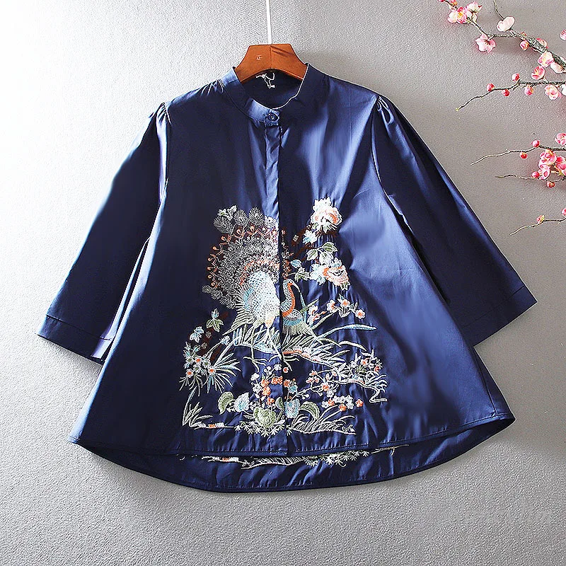 Machine Embroidery Blouse Retro Stand Collar Ethnic Style Loose A- Line Slimming Belly-Covering High-Grade Shirt Women's Top