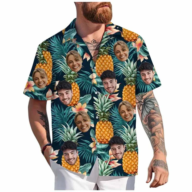 Mens Custom Face Hawaiian Shirt Personalized Photo Print Short Sleeve Summer Beach Casual Tropical Button Down Vacation Gift Top