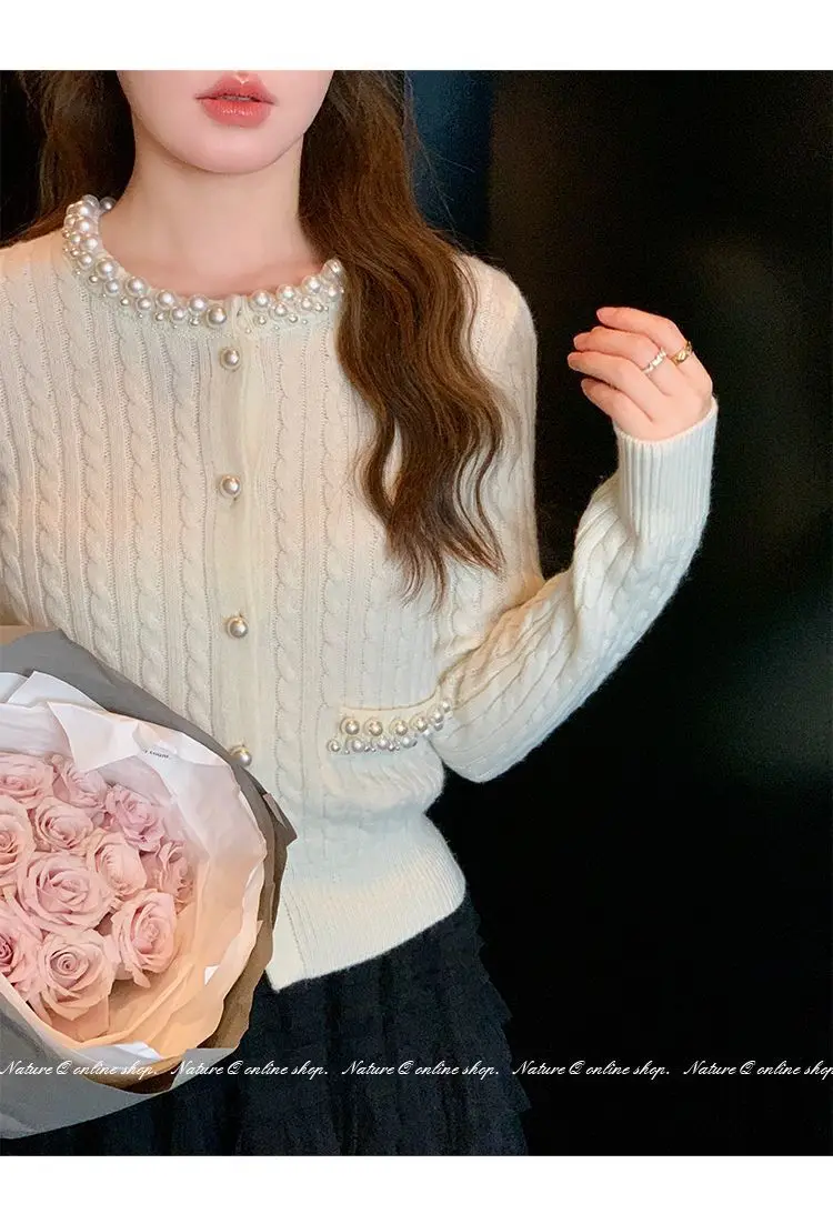 

Luxury Beading Brand Knitted Cardigan Autumn Winter Elegant Office Lady Sweater Jacket Women Single Breasted Slim Fit Tops F475