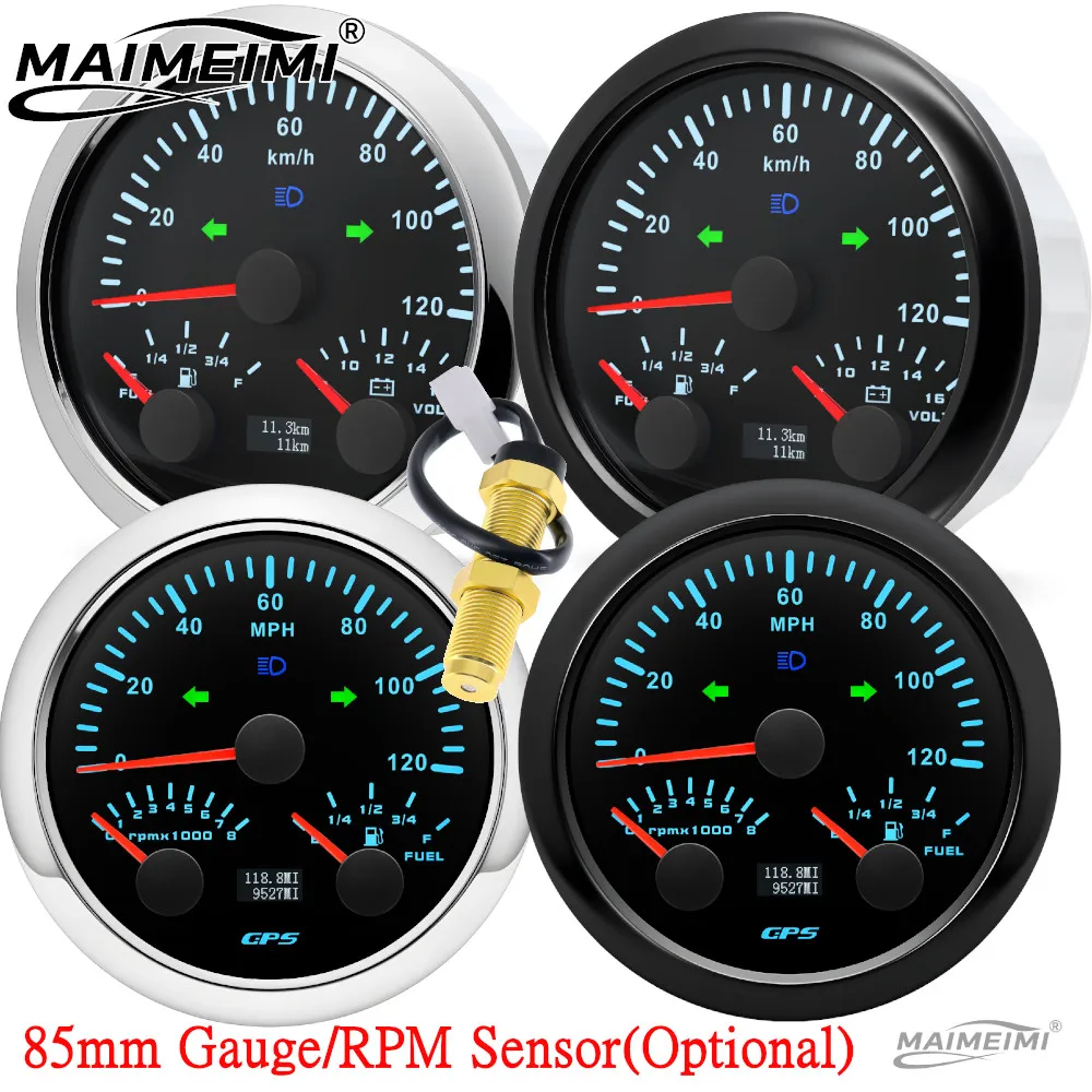 85mm 3 in 1 Multifunctional 120 200 km/h 120MPH GPS Speedometer with 8000RPM Tachometer Fuel Level Voltmeter 7 Colors Backlight