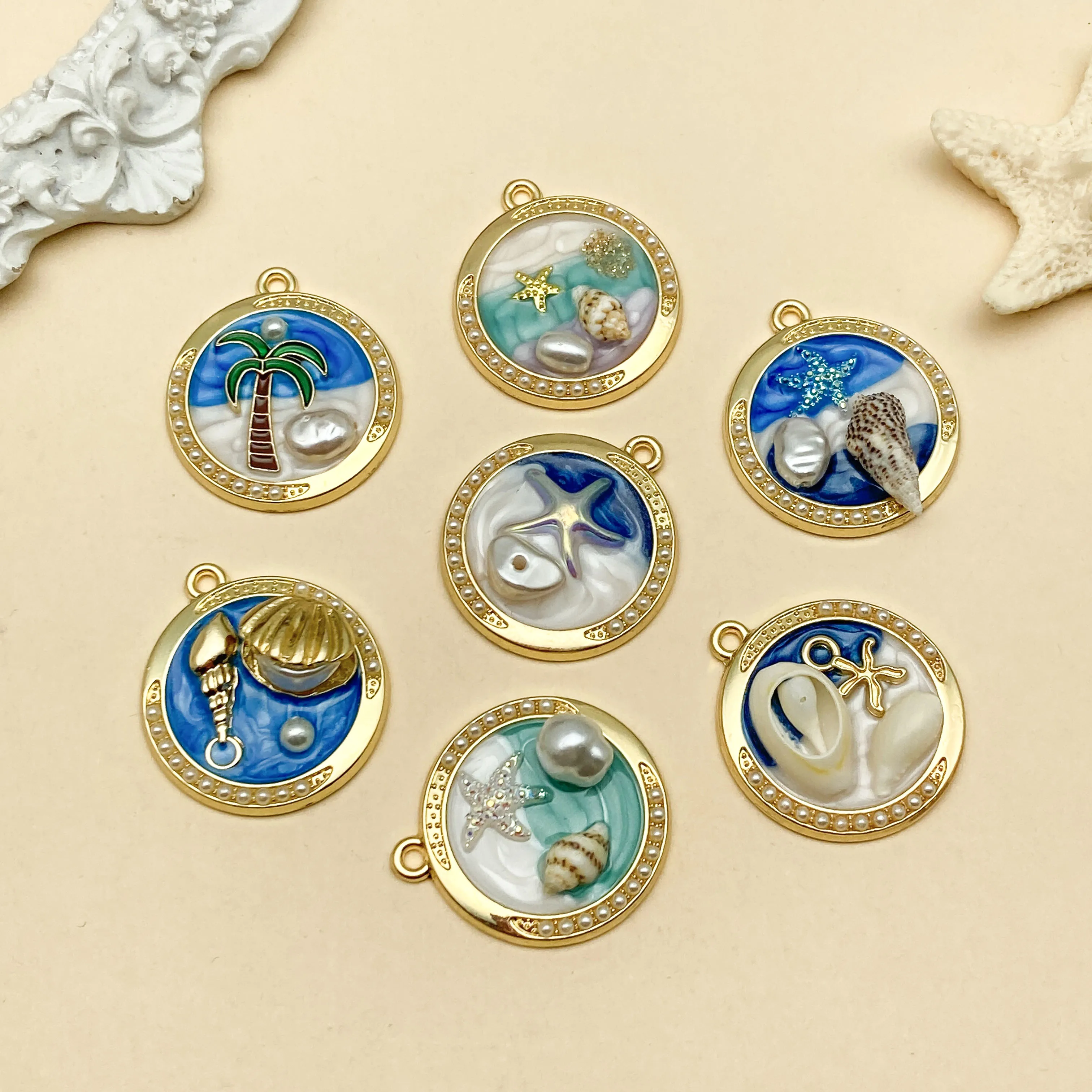 5/7pcs 28x25mm Alloy Charms Blue Oil Painting Style Ocean Series Pendants For DIY Necklace Phone Chain Earring Making Supplies