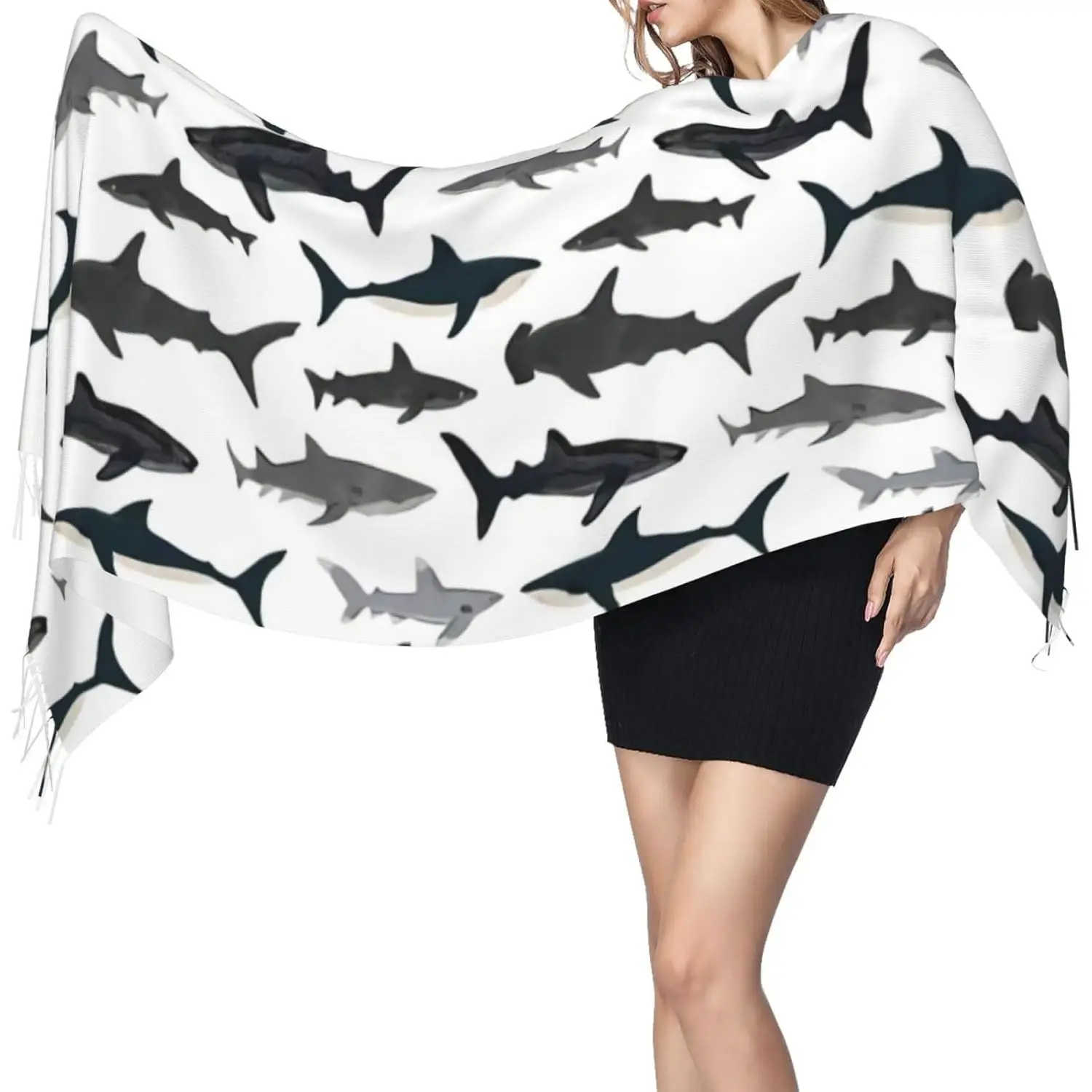 

Sharks Nautical Boys Women's Scarf Pashmina Shawl Wrap for Evening Dress Wedding Bridal Winter Warm Large Scarves