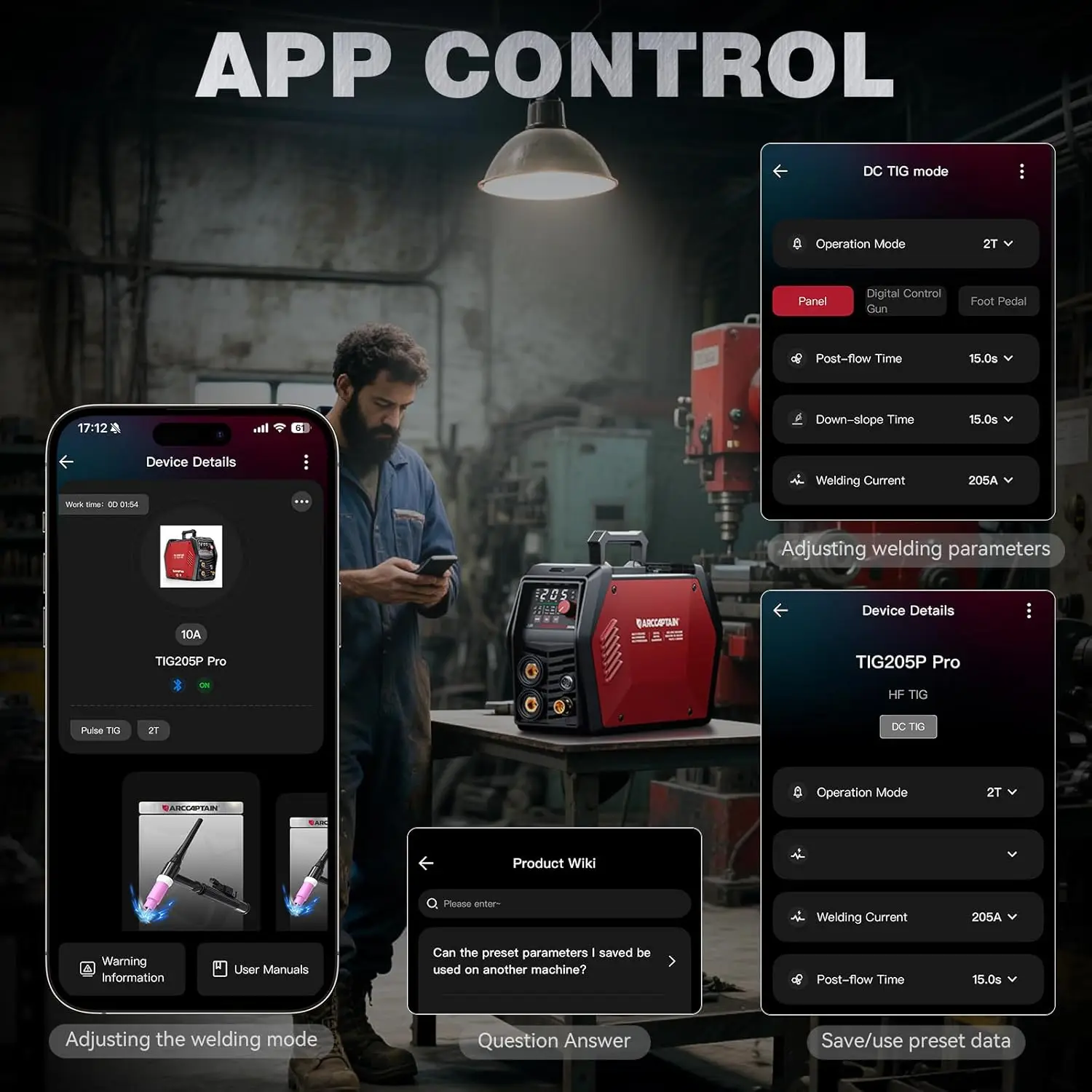 

ARCCAPTAIN IControl TIG205P Pro APP Control DC/Pulse/Lift/Spot Dual Voltage 120V/240V Muti-process TIG Welding Machine