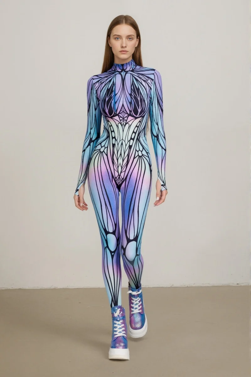 Neuer bunter Schmetterlings-Print-Cosplay-Bodysuit für Damen, Erwachsenen-Halloween-Karnevalsparty-Märchenkostüm, Bühnenkostüm, Zentai-Anzug – Detail 10