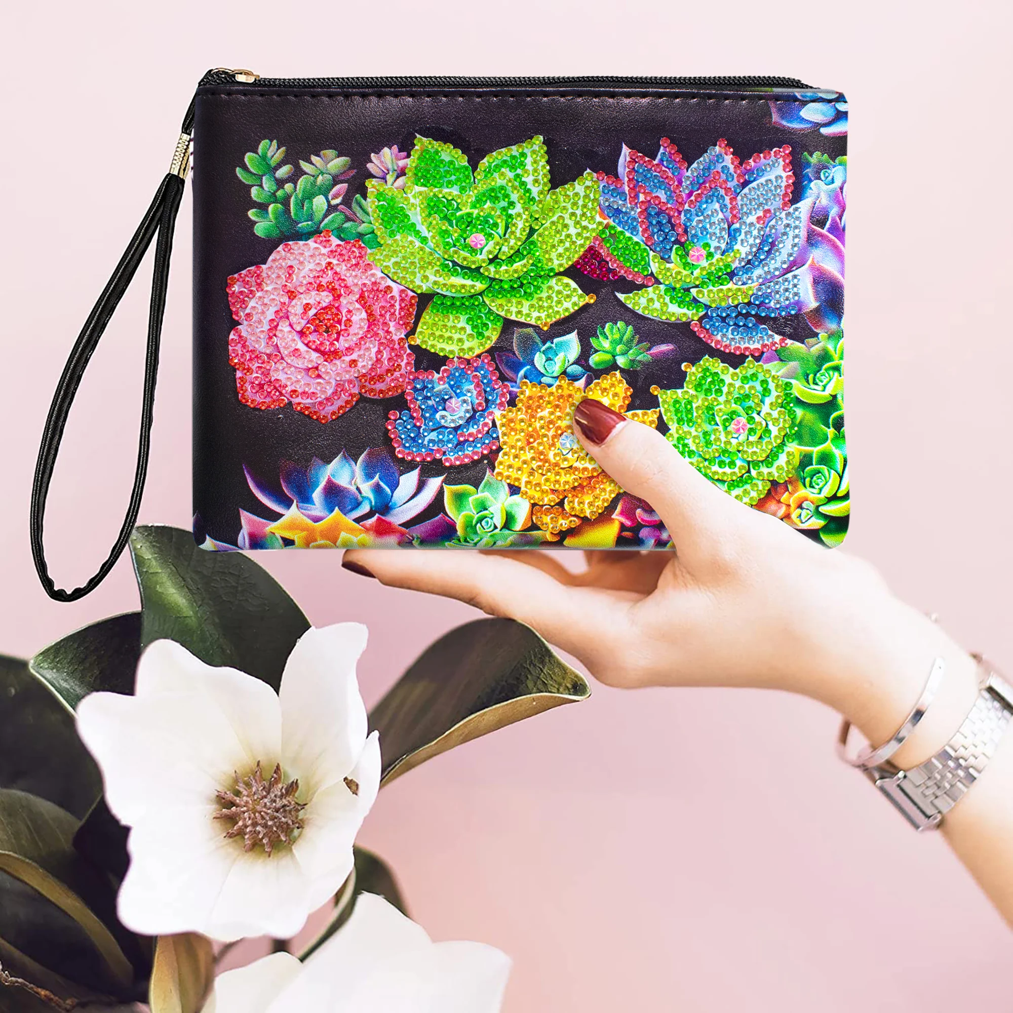 1pc DIY Succulents Diamond Art Clutch Purses and Handbags Leather Cosmetic Bag Special Shaped Diamond Painting Purses for Adults