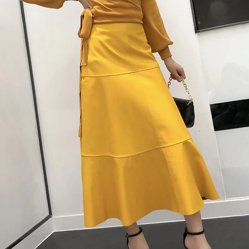 2023 Lady Genuine Sheepskin Leather Skirt Fashion A Line Long Skirt Women High Waist Trumpet Skirt TF5552