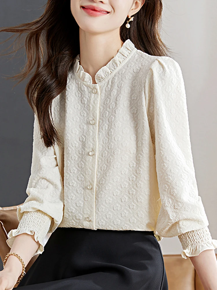 

Шелковая блузка с вышивкой и воротником-стойкой, длинный рукав, женская, весенняя новинка, корейский стиль, на одной пуговице, модный топ