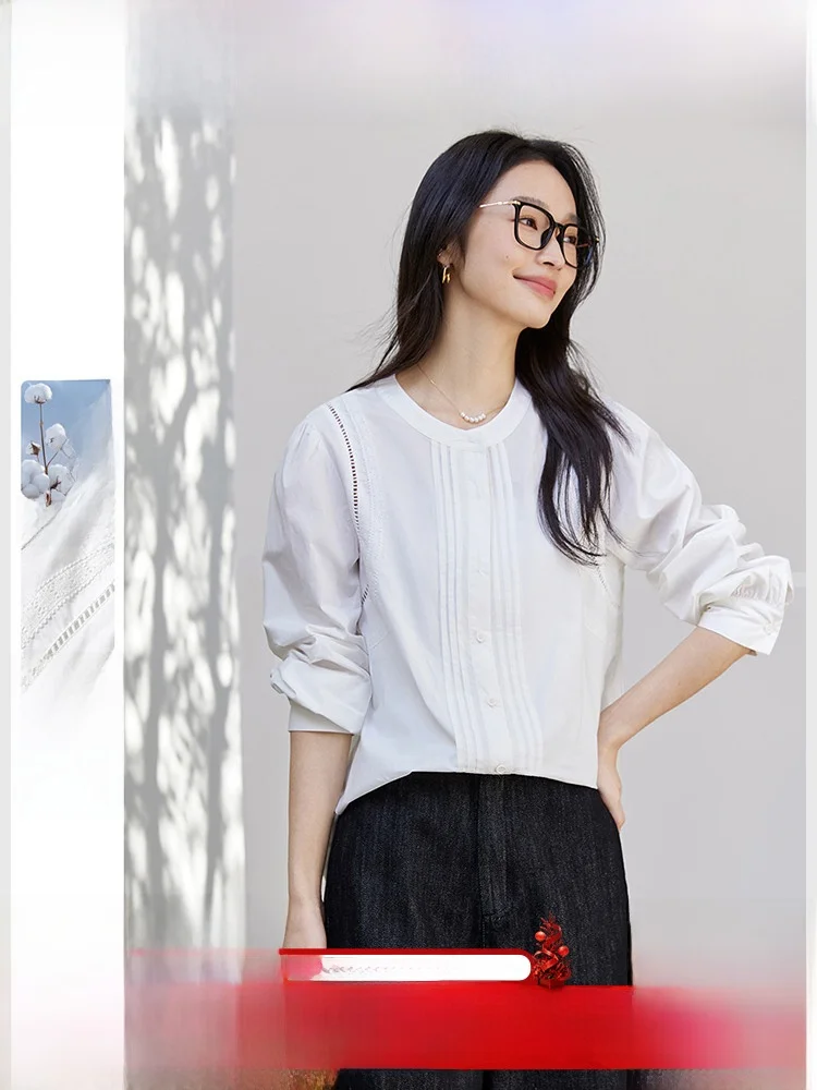 

Женская хлопковая рубашка на весну-осень, повседневная, однотонная, на пуговицах, дышащая, с длинным рукавом, круглым вырезом