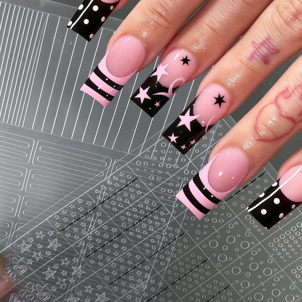 2Pcs Clear Hollow Stripes Line&Polka Dot Star Nail Stencil Stickers Cute Pentagram Circle Design Nail Decals Manicure Guide Tool
