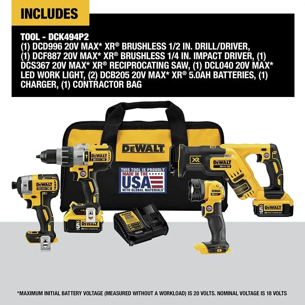 DEWALT 20V MAX* XR Cordless Drill Combo Kit, 4-Tool (DCK494P2)