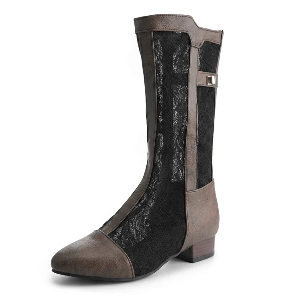 2026 Spring Summer Knee High Boots Women Fashion Lace Breathable Patchwork with Zip Retro Pointed Thick Heel Big Size 50 00-3