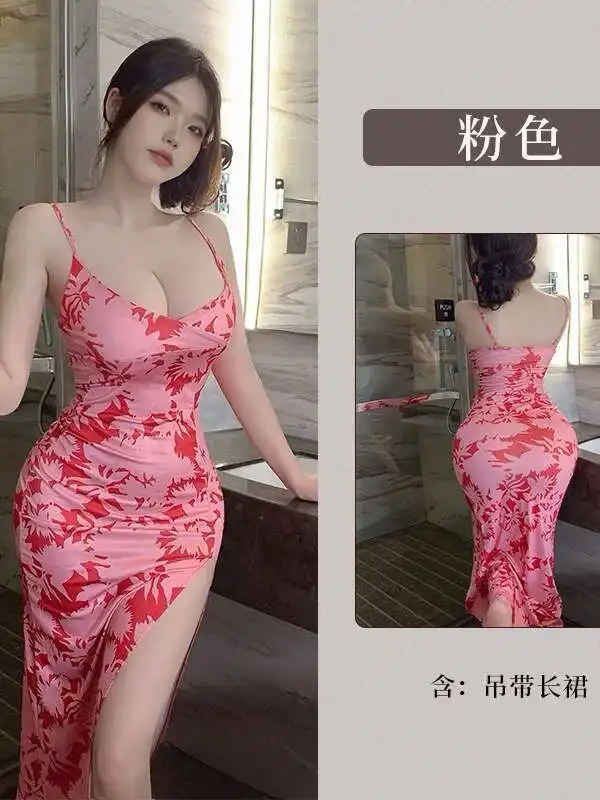 Sexy Nachtwäsche, kleine Brust, verführt Cheongsam, Schlitz, bedruckt, langes Kleid, elegante rosa süße Kleider, 2025, neue Mode für Damen, JZI4