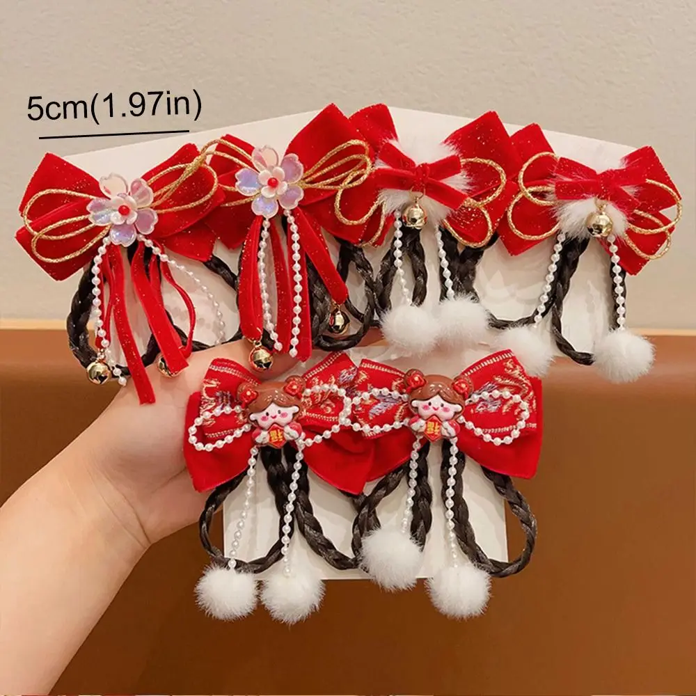 Bonito estilo antigo crianças ano novo hairpin vermelho princesa ano novo arco grampos de cabelo peruca trança bola de pelúcia meninas hanfu headwear crianças