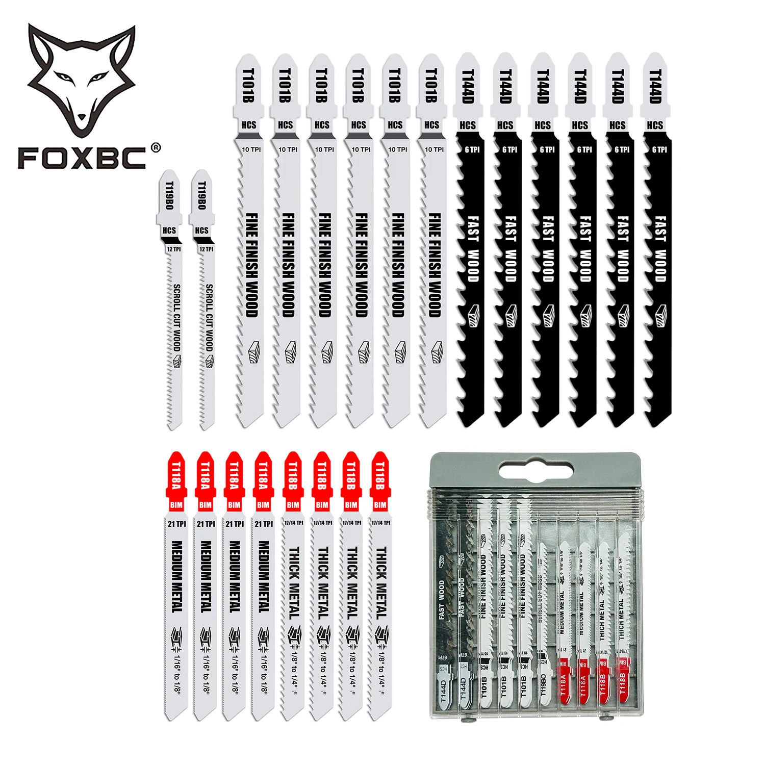 FOXBC T Shank Jigsaw Blades Set  fits Dewalt, Bosch, Makita, Ryobi, Craftsman, Skil, Dremel for Wood Metal Cutting 22pcs