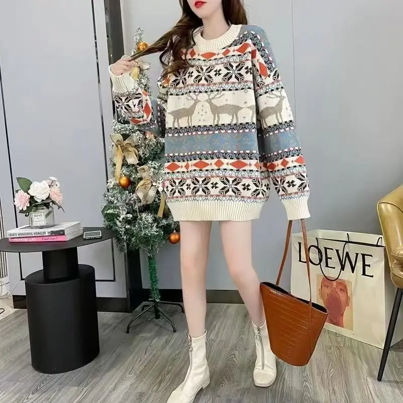 Natal veado jacquard camisola de malha feminina jumper o pescoço manga longa inverno pulôver topos moda coreana camisola y2k roupas