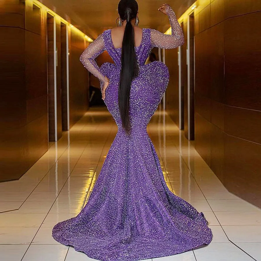 Sexy Purple Prom Dresses Sexy Neckline Long Sleeves Sequined Evening Dreess Custom Made Unique Design Aso Ebi Party Gowns