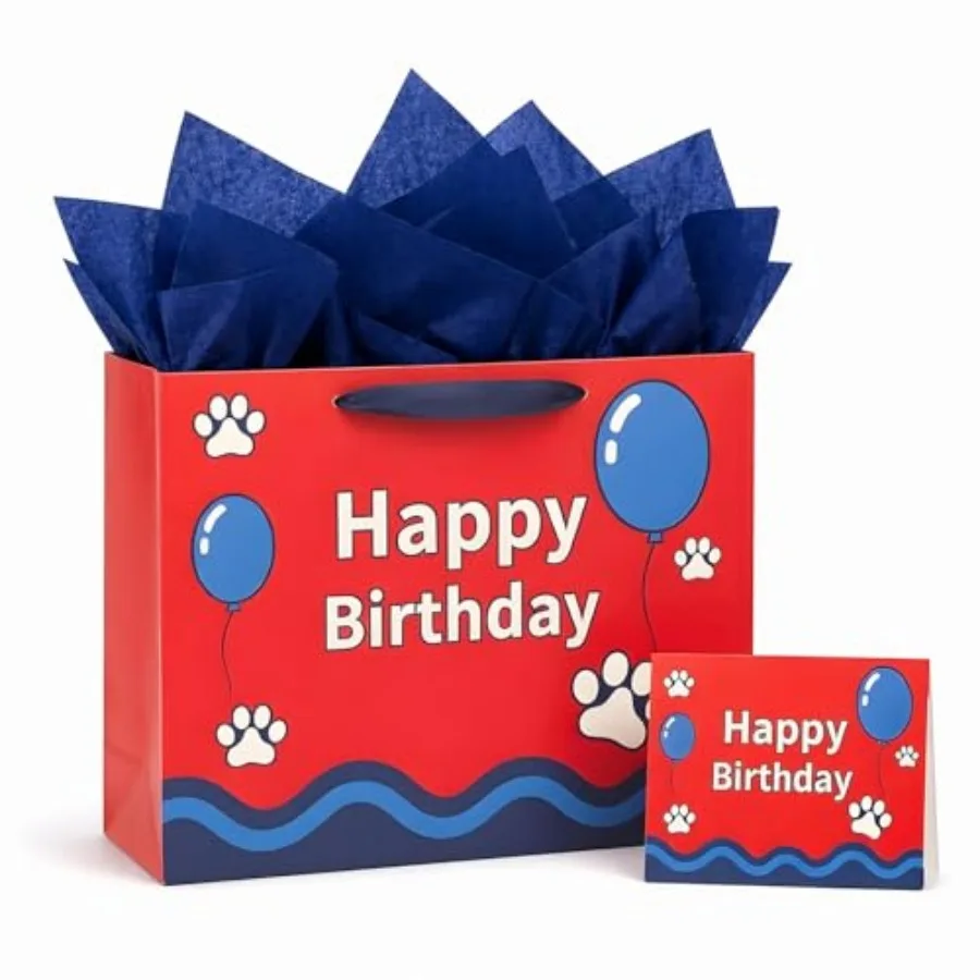 

13" Large Cartoon Dog Paw Birthday Gift Bag with Card and Tissue Paper for Boys Or Girls Birthday Party Gifts