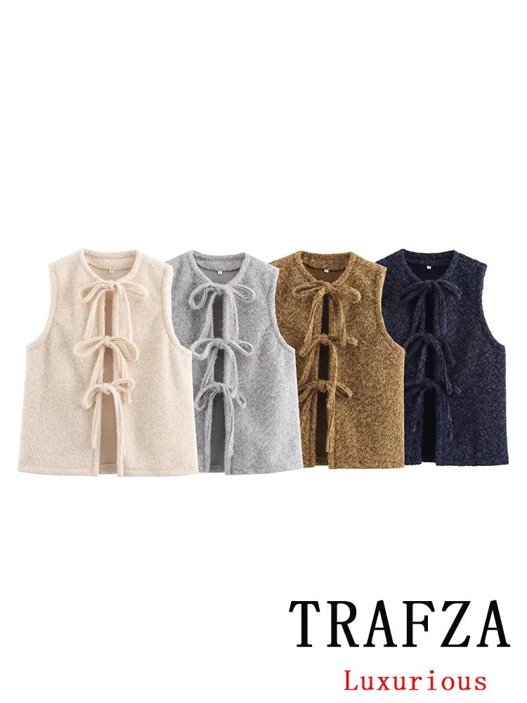 TRAFZA Vintage Casual Chic Women Oversized Vest Solid Lace-up Bow O-Neck Sleeveless Vest Fashion 2025 Holiday Female Autumn Tops