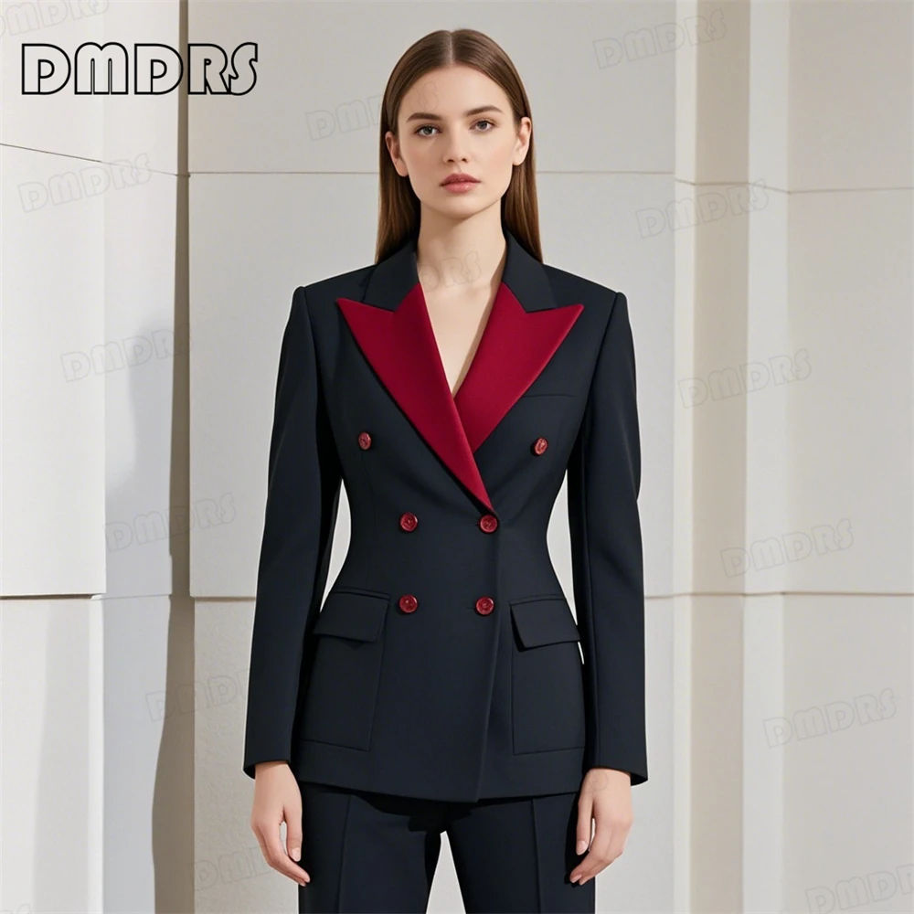 Set di pantaloni Blazer doppiopetto Slim fit Set di abiti con colletto rosso alla moda per le donne, Set di smoking formali colori personalizzati