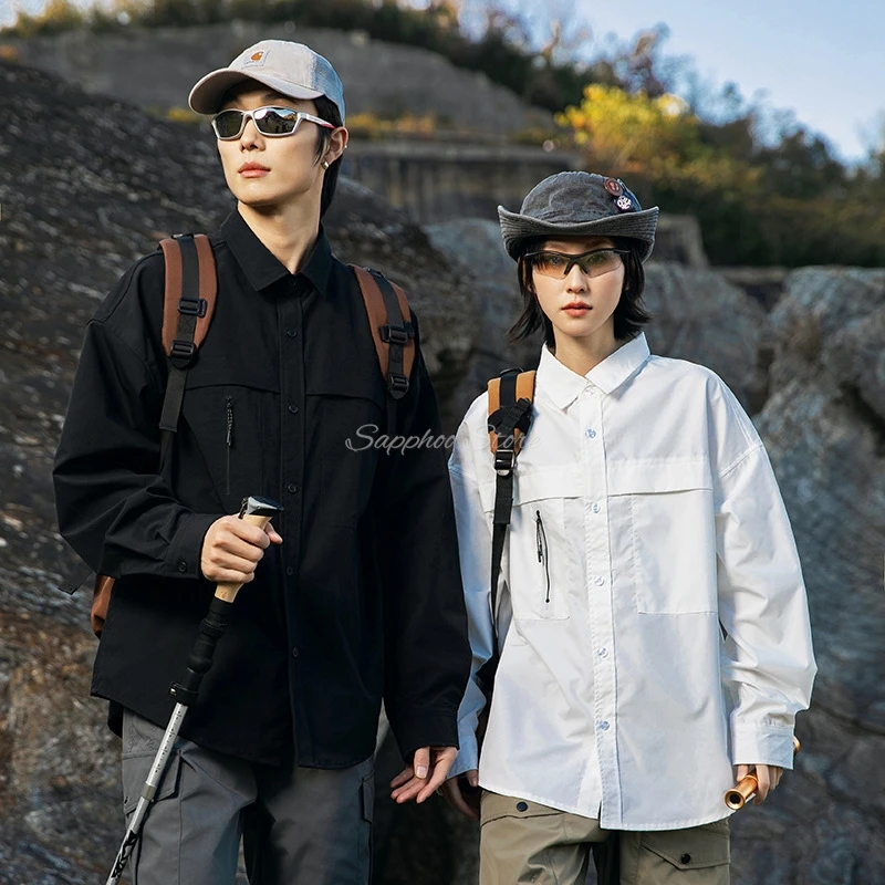 

S/M/L/XL/2XL Повседневная рубашка в японском стиле с длинными рукавами, рабочая одежда, весна-лето, черно-белая куртка с функциональным дизайном и карманами