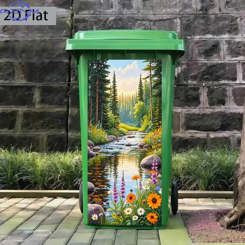 2D Flat Printing 1pc Trash Can Sticker 14.57×32.28inch Creek Forest Flower Path Theme Design Self-Adhesive Wall Decal Wallpape