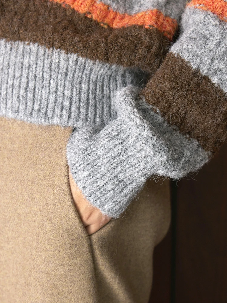 FANAN موضة مخطط التباين اللون الصوف الحياكة سترة للنساء كم طويل سميكة الدافئة البلوز القمم أنثى شتاء جديد