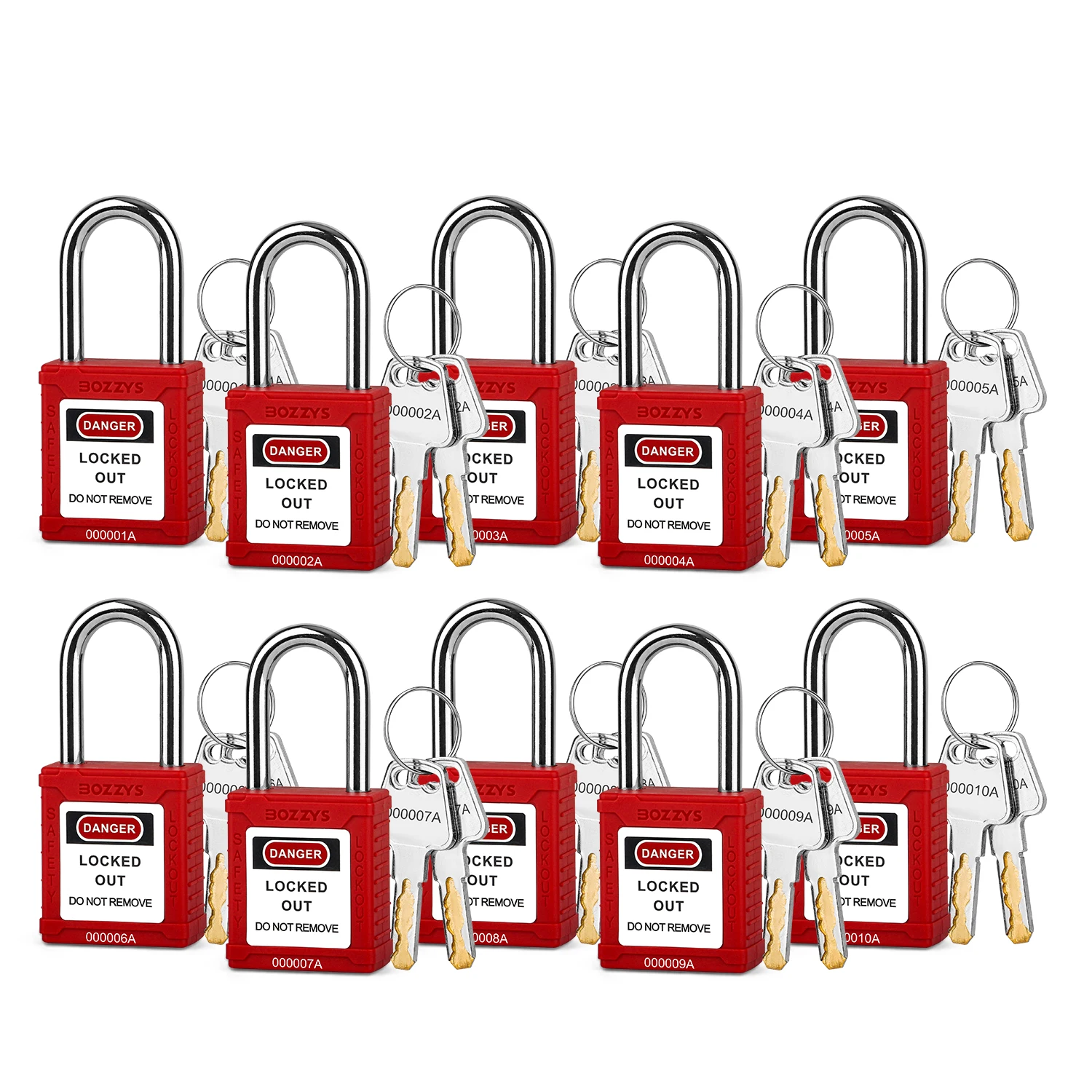 lockout tagout nylon cadeado de seguranca set10 pack aco manilha cilindro liga de zinco keyed diferente ou keyed alike 01