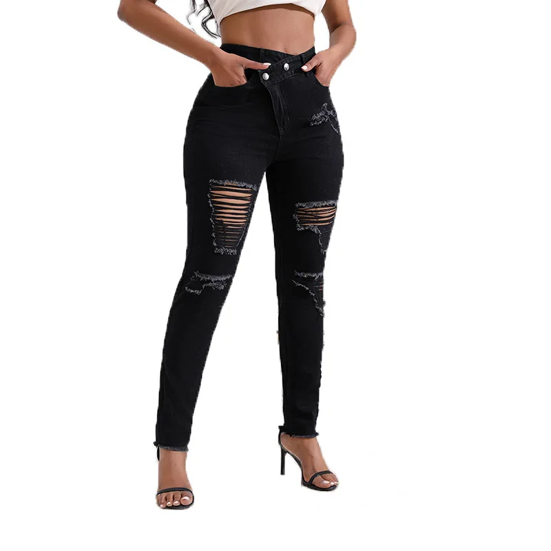 

Women Jeans High Waist Pencil Pants Holes Denim Slim Fit Pockets Sexy Streetwear Solid Sheath Distressed Ankle Length 2024