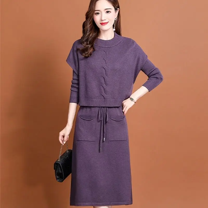 

Women Dress Set New Knitted Tops and High Waist Skinny Midi-length Skirts Fashion Two Piece Suit Ladies Casual Vestido G555