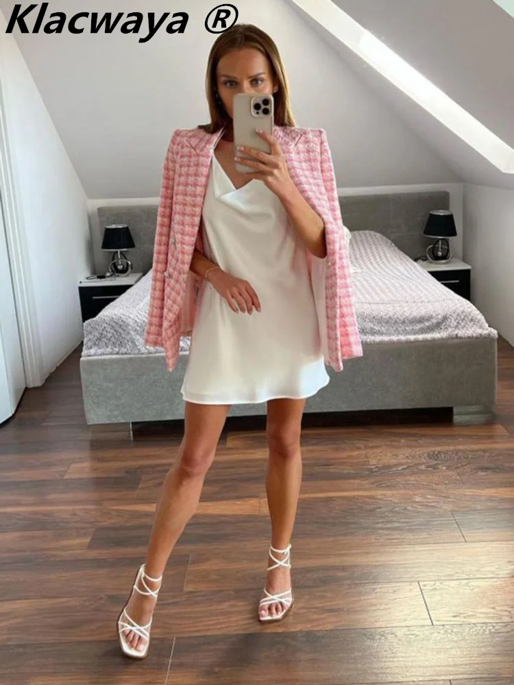 Klacwaya Blazer Women Jacket Pink Plaid Blazer Women Clothing Office Casual Tweed Blazers Double Breasted