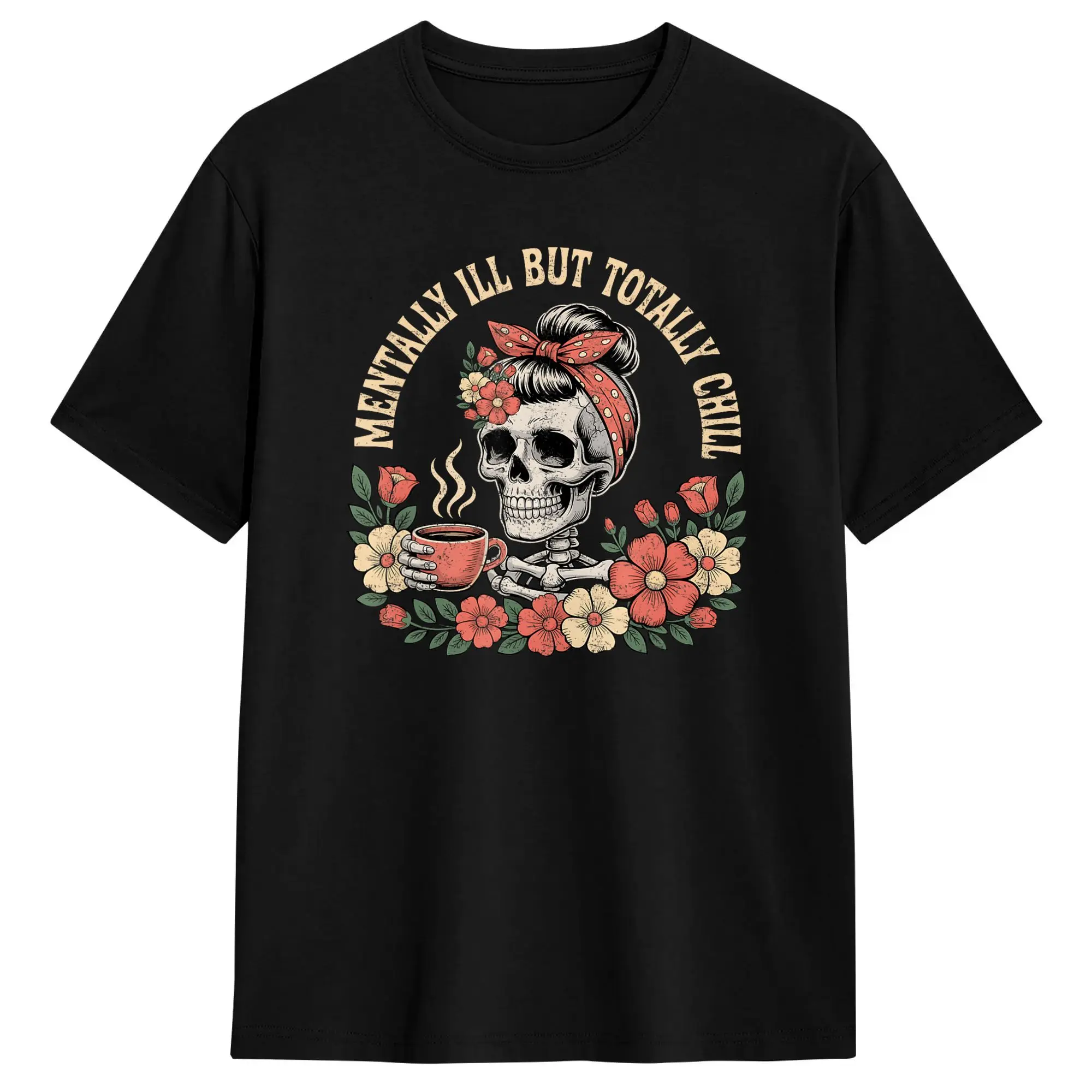 Vintage T-Shirt Summer Mentally Ill But Totally Chill Halloween Costume Skeleton Hip Hop T-Shirts  Cotton Tshirt Y2K Retro Tops