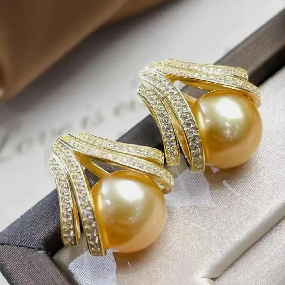 new AAAA Round 9-10mm natural South Sea Golden Round pearl earring 925s