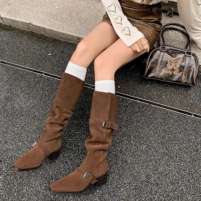 

Vintage Thick Heels Women Knee High Boots Fashion Autumn Winter Pointed Toe Stripper Party Long Booties Zapatos De Mujer