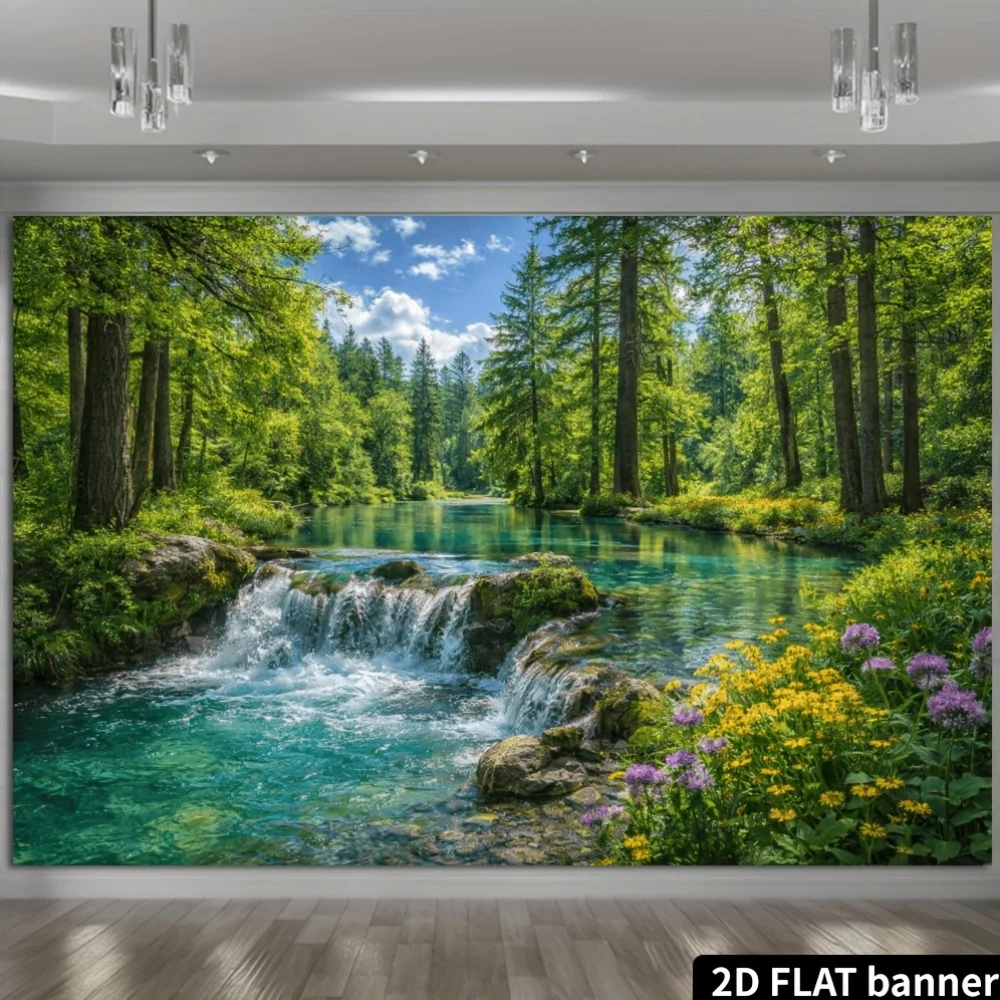 2D Plane Forest Waterfall and Stream Theme Background Cloth - Sunlit Pine Forest and Clear Pool with Waterfall Scene