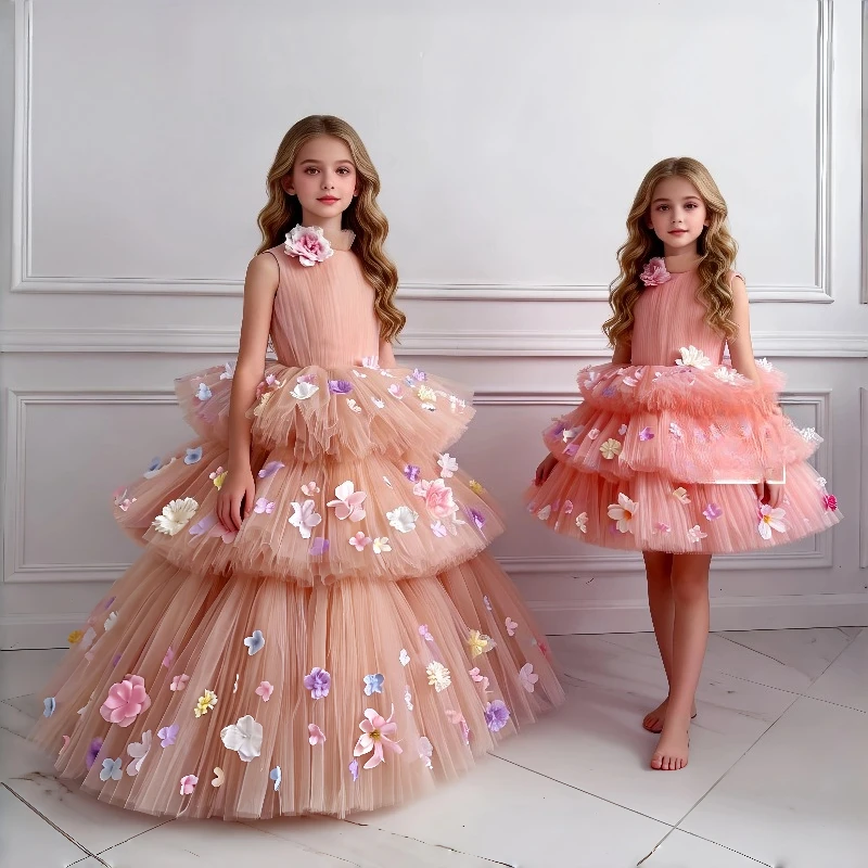 Children Light Pink Sleeveless 3D Floral Kids Formal Wedding Flower Girl Girls Multi Layer Tutu Birthday Princess Gown Costume