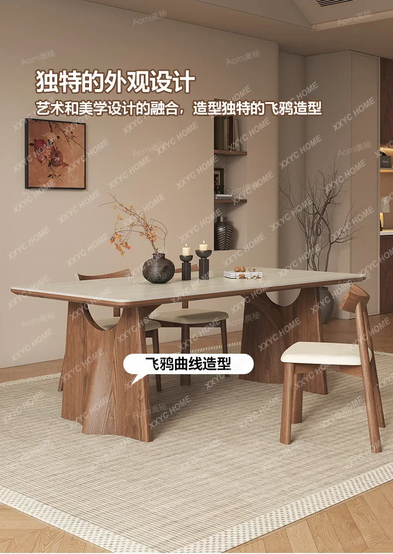 Travertine rock slab dining table household small apartment medium and ancient style rectangle, high-end solid wood