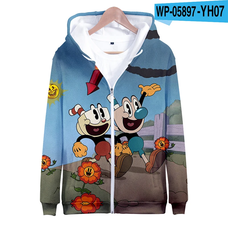 Hoodies Anime Anime Game Cuphead Mugman 3D Print Zipper Sweatshirts Boys Girls Sweatshirts Children's Fashion Oversize Hoodie