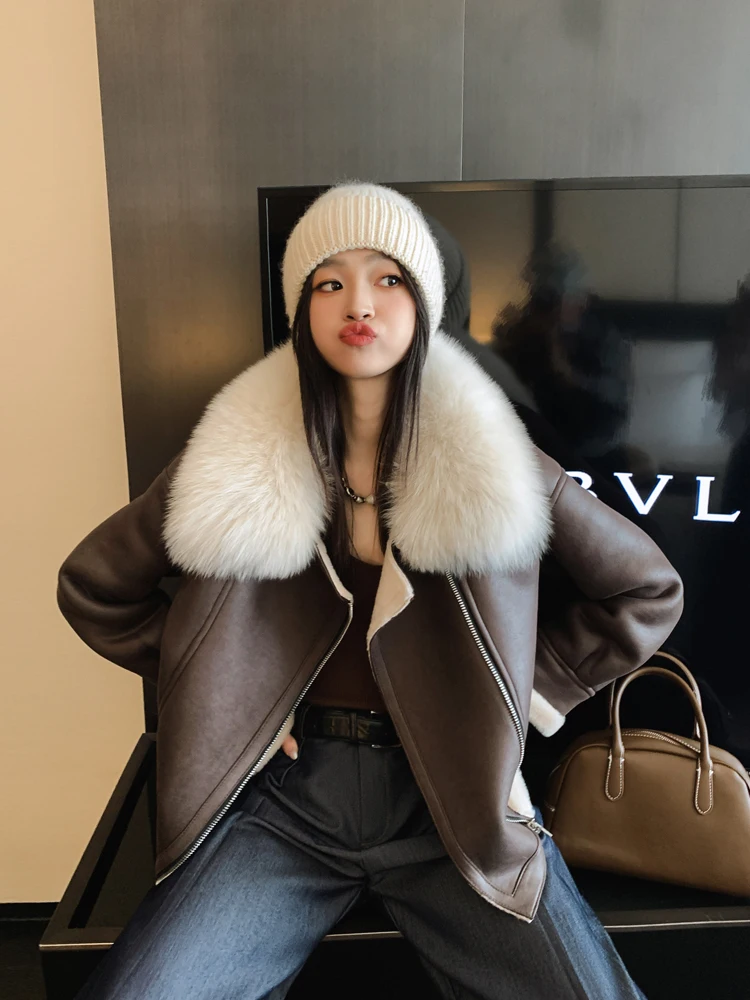 

ZM Zhou Mi Fur Collar или Lamb Fur Coat Женская зимняя новая куртка из натуральной кожи и меха в Корейском стиле, свободная...